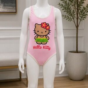 Hello Kitty Girls One Piece Swimsuit Hawaii Hula Tropical Pink M 7-8